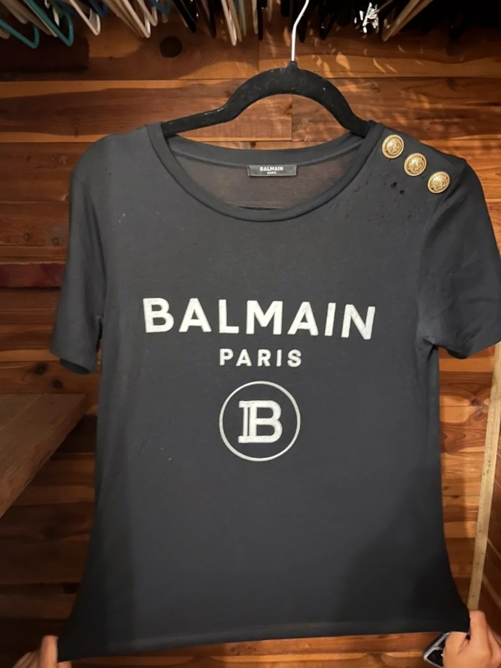 Balmain Black Short Sleeve Logo Tee with Gold Shoulder Buttons